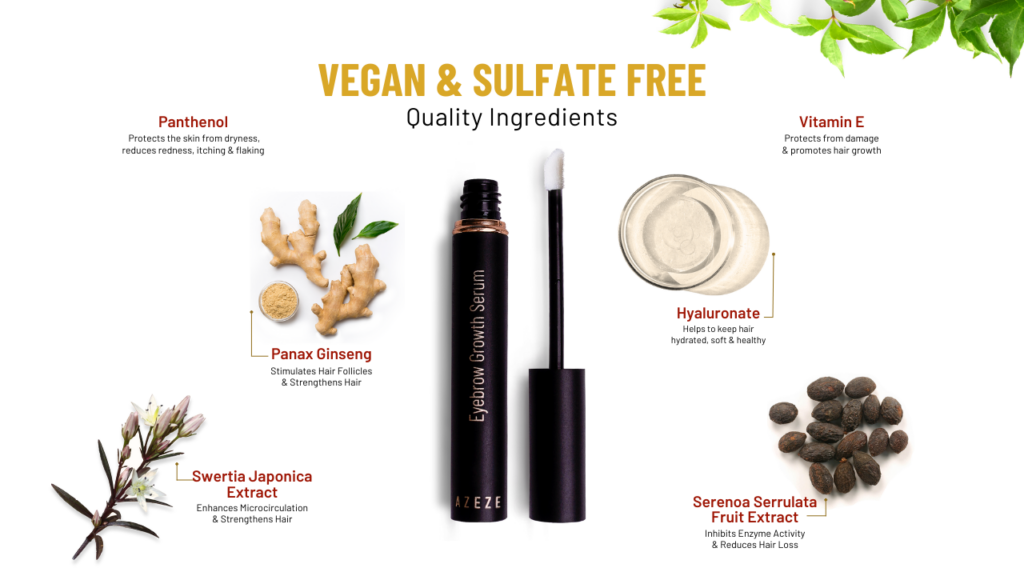 Vegan and sulfate free quality ingredients in Azeze eyebrow serum
